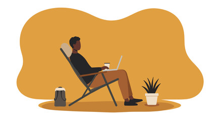 A man relaxes in a lounge chair, working on his laptop with a coffee, embodying flexible remote work and a modern lifestyle. Perfect for themes of freelance, comfort, and productivity.