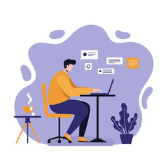 An illustration of a focused man working on his laptop, surrounded by chat bubbles and documents, symbolizing online communication and digital productivity in a modern work environment.