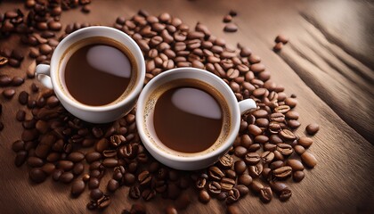 cozy vibe with coffee cups two coffee cups lean on scattered coffee beans showcasing a warm and inviting coffee experience