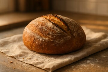 Warm artisanal sourdough loaf rests on rustic linen, bathed in soft natural light