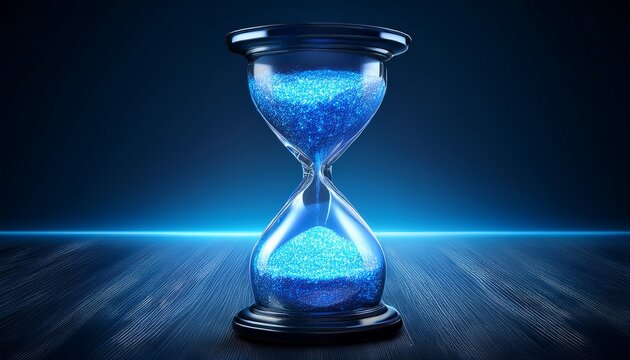 hourglass with glowing blue grains symbolizing time s passage deadlines and the finite nature of resources on a sleek modern platform