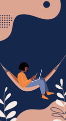 Person relaxing in a hammock, working remotely with laptop and phone. Ideal for themes of flexible work, digital nomad lifestyle, and leisure.