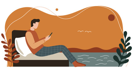 Man relaxing indoors, scrolling on smartphone with a calm natural landscape backdrop. Ideal for themes of digital lifestyle, leisure, and remote work.
