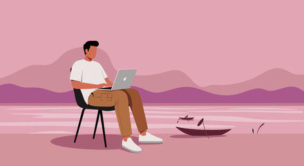 Man working on laptop outdoors by a serene lake at sunset, embodying remote work, digital nomad lifestyle, and work-life balance.
