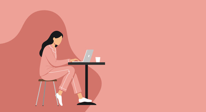 Woman in pajamas comfortably working on laptop at home. Depicts remote work, online learning, or freelance lifestyle, promoting flexibility and productivity.