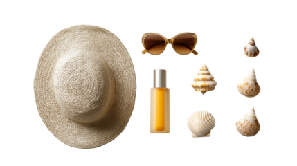 flat lay of summer beach essentials, straw hat, sunglasses, sunscreen bottle, seashells png 