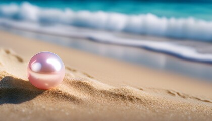 beautiful pearl resting on sandy beach a soft pink pearl lies gently on fine sand near a tranquil ocean capturing the serene beauty of natures treasures