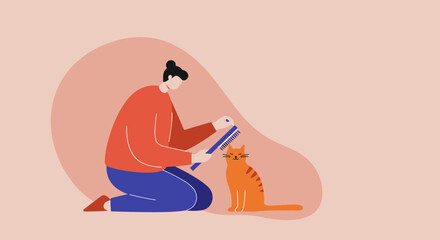 A person grooms their ginger cat with a brush, symbolizing loving pet care, companionship, and a peaceful home lifestyle. Ideal for animal welfare or domestic life themes.