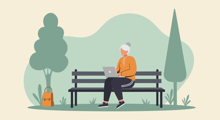 Elderly woman uses a laptop on a park bench, illustrating modern retirement, digital connectivity, and a relaxed outdoor lifestyle.