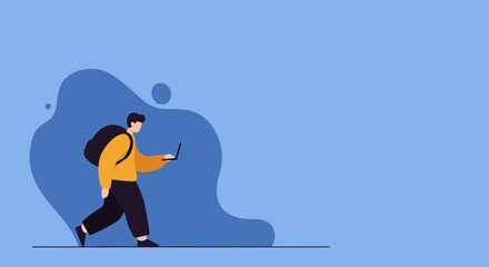 Person walking with a laptop and backpack. Depicts remote work, digital learning, and a connected lifestyle, perfect for travel, education, and tech themes.