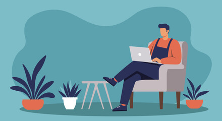 Man comfortably works on laptop from home in an armchair, ideal for remote work, online learning, or digital business concepts.