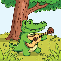 Obraz premium Happy Alligator Playing Guitar Under a Tree