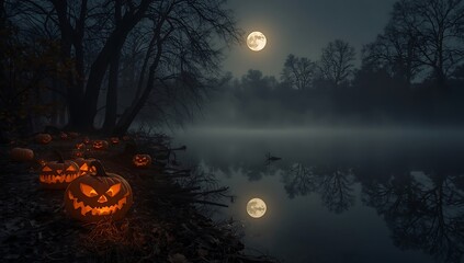 Halloween , halloween background jack o lanterns by a lake under a full moon at night time halloween , halloween background 