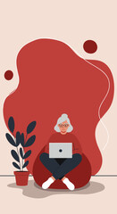 Elderly woman comfortably working or learning from home on a laptop. Depicts remote work, online education, or digital literacy for seniors, emphasizing comfort and connection.