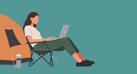 Woman working on her laptop from a camping chair next to a tent. Illustrates remote work, digital nomadism, and flexible lifestyle with outdoor leisure.