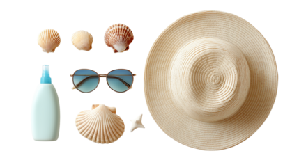 flat lay of summer beach essentials, straw hat, sunglasses, sunscreen bottle, seashells png 