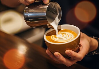 Barista pouring creamy latte art into a golden coffee cup, creating a cozy cafe vibe
