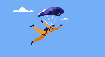 Excited person skydiving with an open parachute against a vibrant blue sky. Capturing adventure, freedom, and the thrill of extreme sports or travel.