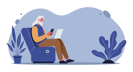 Senior man sitting comfortably, working or communicating using a laptop and smartphone. Represents modern retirement, remote work, and digital literacy.