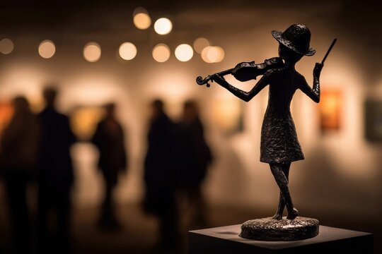 A bronze sculpture of a girl playing the violin stands in focus at an art gallery. In the background, blurred visitors admire the colorful artworks illuminated by soft lights.