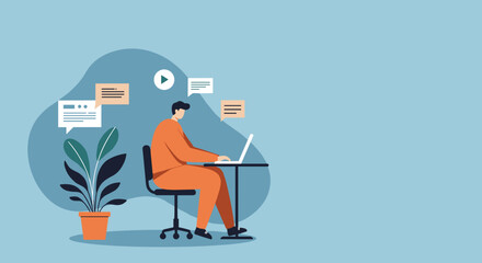 Man working on laptop with message bubbles, representing online communication, remote work, and digital productivity. Ideal for business and lifestyle concepts.