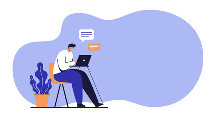 Person working on laptop, engaging in online communication with chat bubbles. Ideal for remote work, digital business, and lifestyle concepts.