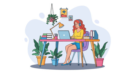 A happy woman works productively from her bright, plant-filled home office with a laptop and headphones, ideal for remote work, online learning, or a comfortable lifestyle.