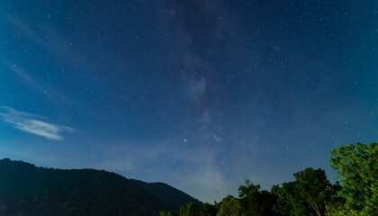 A stunning night sky panorama showcases the Milky Way arching across a clear, star-studded expanse, framed by a dark silhouette of forested hills.