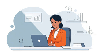Smiling professional woman focused on her laptop at an office desk, surrounded by business charts and documents. Ideal for productivity and career concepts.