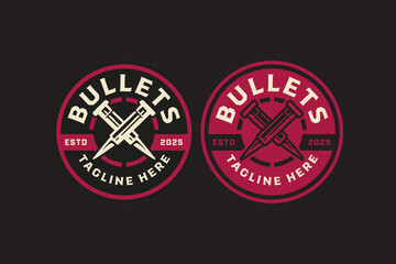 Bullets crossed retro badge logo design set. Hunting ammo vintage emblem label element designs collections. Ammunition, Gear, Shooter, Hunter, Military, Gunner. Vector Illustration