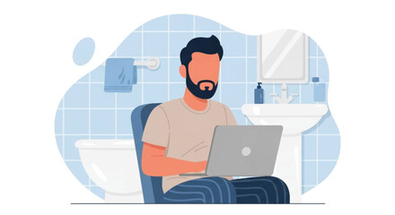 Bearded man multitasks, working remotely on his laptop while sitting on a toilet in a home bathroom, illustrating modern work flexibility.
