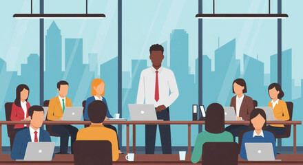 Diverse business team in a modern office boardroom with city views, engaged in a professional meeting or presentation. Emphasizes collaboration.