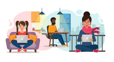Diverse individuals working remotely from home, a kitchen, and a city balcony. Illustrates modern flexible work, online learning, and digital connectivity.