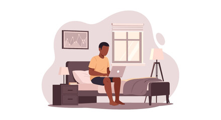 Young man working remotely on his laptop from the comfort of his bedroom. Ideal for concepts of home office, online education, or leisure.
