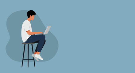 Young person focused on a laptop, sitting on a stool. Represents online learning, remote work, or digital entrepreneurship in a minimalist setting. Ideal for technology, business, and lifestyle.