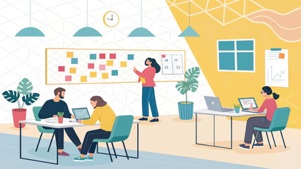 Diverse team collaborating in a vibrant, modern office space, strategizing and working efficiently. Ideal for business, startup, or teamwork concepts.