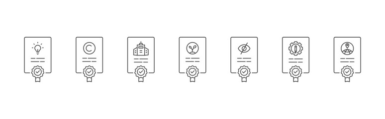 Intellectual Property Certificate icon set with patent, copyright, trademark, plant variety, trade secret, industrial design and geographical indications concept illustration
