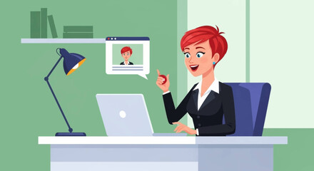 Happy businesswoman on a video call at her office desk, engaged in remote work. Concept of online communication, digital business, and modern lifestyle.