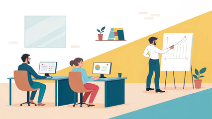 Professional team collaborating in an office. A presenter explains growth data on a whiteboard while colleagues work at desks, illustrating teamwork and business productivity.