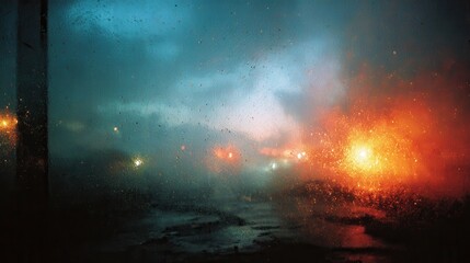 Naklejka premium Blurred city lights and rain on a window create an impressionistic abstract, glowing warmly with contrasting blue and orange tones