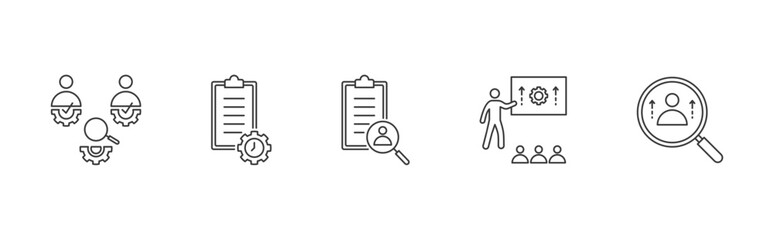 Upskilling icon set with skill gap analysis, planning, assessment, training, monitoring vector illustration