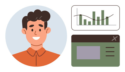 Smiling man portrait next to bar graph and dashboard panel for data visualization. Ideal for analytics, reporting, business strategy, teamwork, education, startup pitch, simple flat metaphor