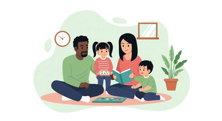 Fototapeta premium A happy diverse family enjoying quality time together at home, with parents reading to and playing with their children. Ideal for education, lifestyle, and family concepts.