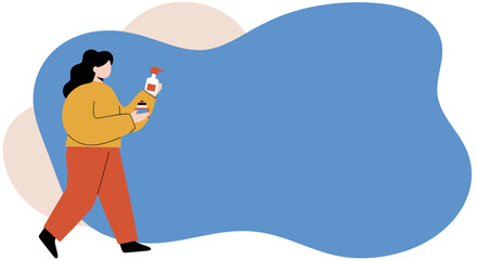 Illustration of a person holding personal care products like soap or sanitizer. Ideal for hygiene, health, or cosmetic themes with copy space.