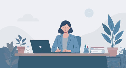 Smiling woman works efficiently at her modern office desk with a laptop and plants, perfect for remote work, business, or education concepts.