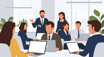Business professionals collaborate and discuss ideas during a meeting in a modern office, symbolizing teamwork and corporate strategy.