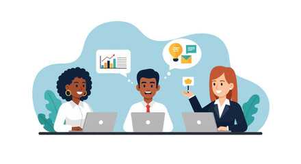 Diverse business team collaborating on laptops, discussing ideas, growth, and strategy in a modern office setting. Ideal for corporate communication and teamwork concepts.