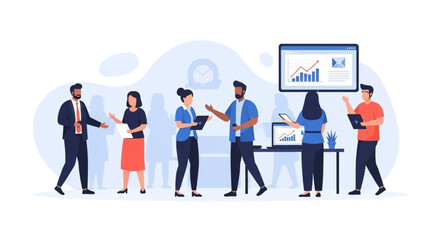Diverse business team collaborates in an office meeting, analyzing data and charts for strategic planning and growth. Ideal for corporate concepts.
