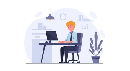 Young professional working diligently at a modern office desk, using a computer. Ideal for business, remote work, education, and productivity concepts.