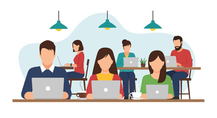 Diverse professionals collaborate in a modern coworking space or office, highlighting teamwork, remote work, and digital productivity.